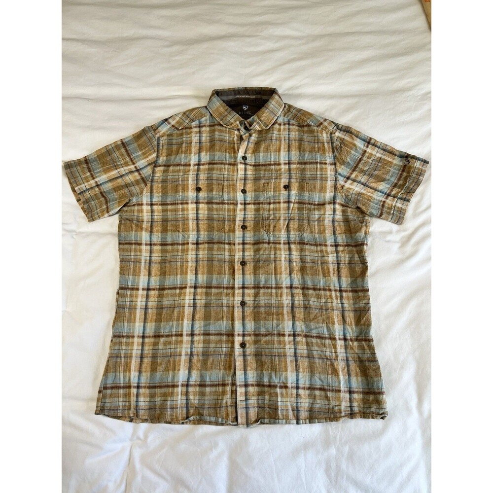 Kuhl Skorpio Mens Short Sleeve Shirt Medium Linen Cotton Brown Button Up Pockets